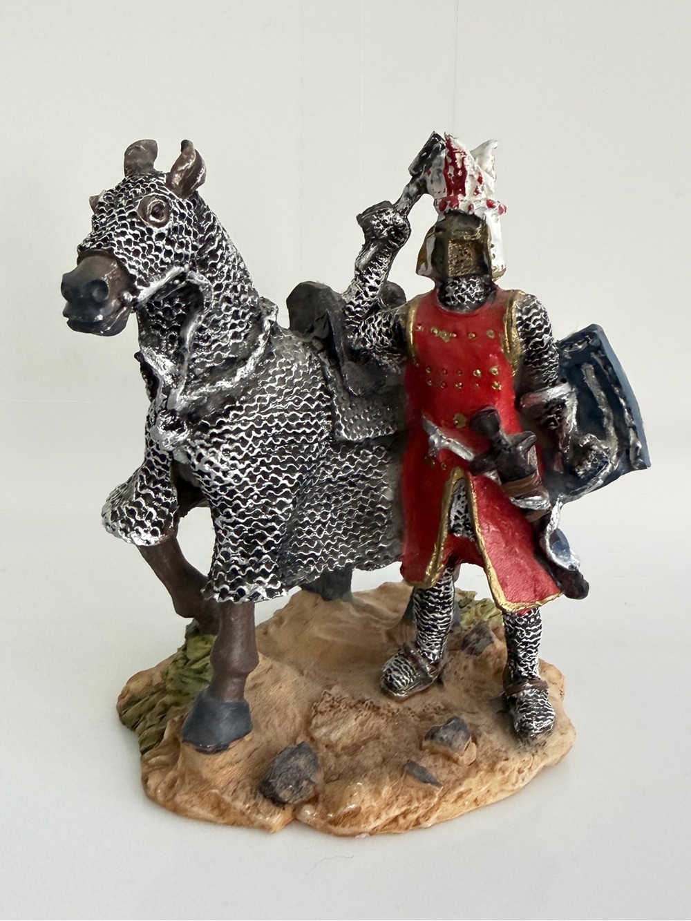 Vintage medieval knight in armor with caparisoned horse figurine 4.25"H